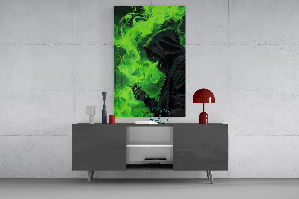 Hooded Figure Neon Green Smoke Glass Wall Art