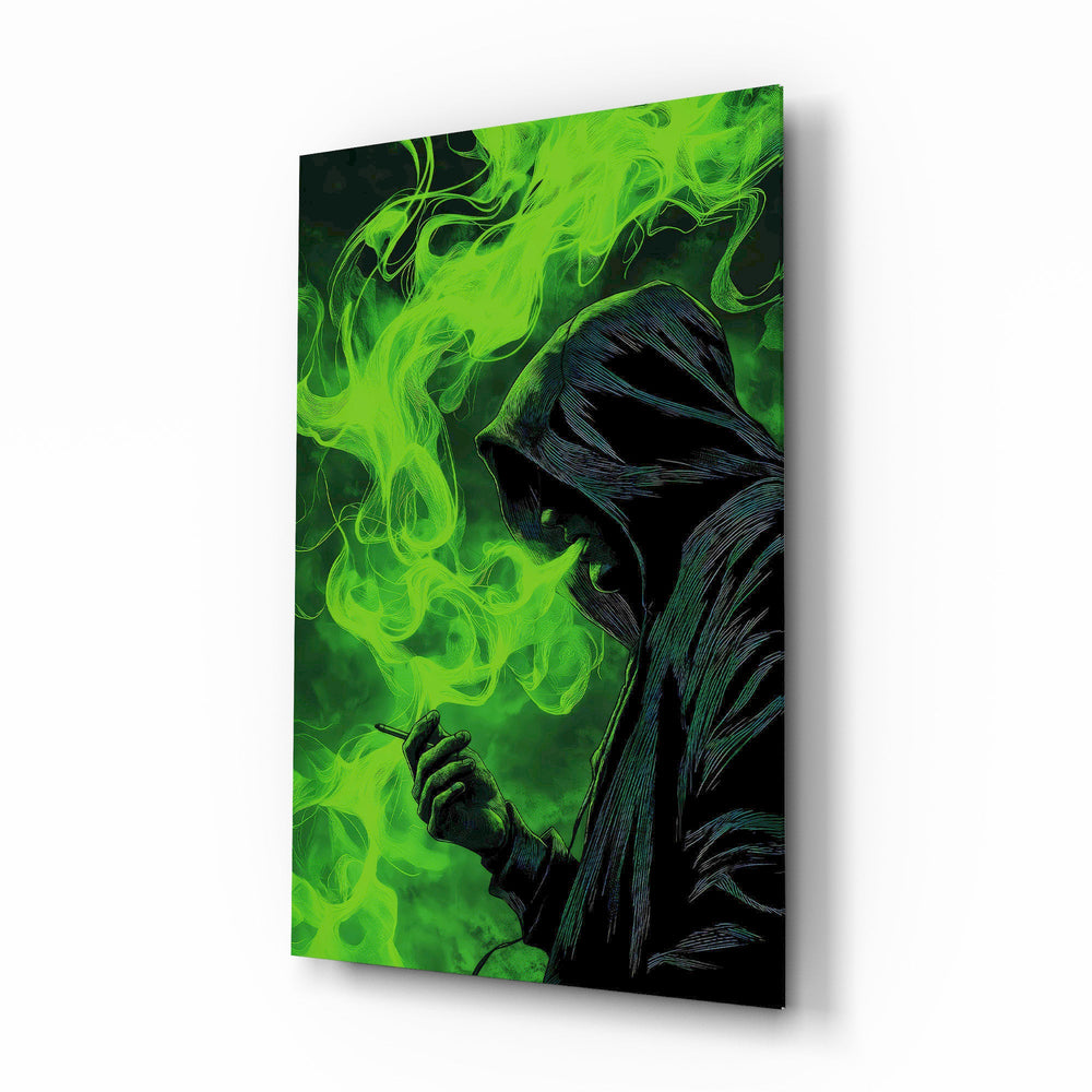 Hooded Figure Neon Green Smoke Glass Wall Art