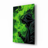 Hooded Figure Neon Green Smoke Glass Wall Art