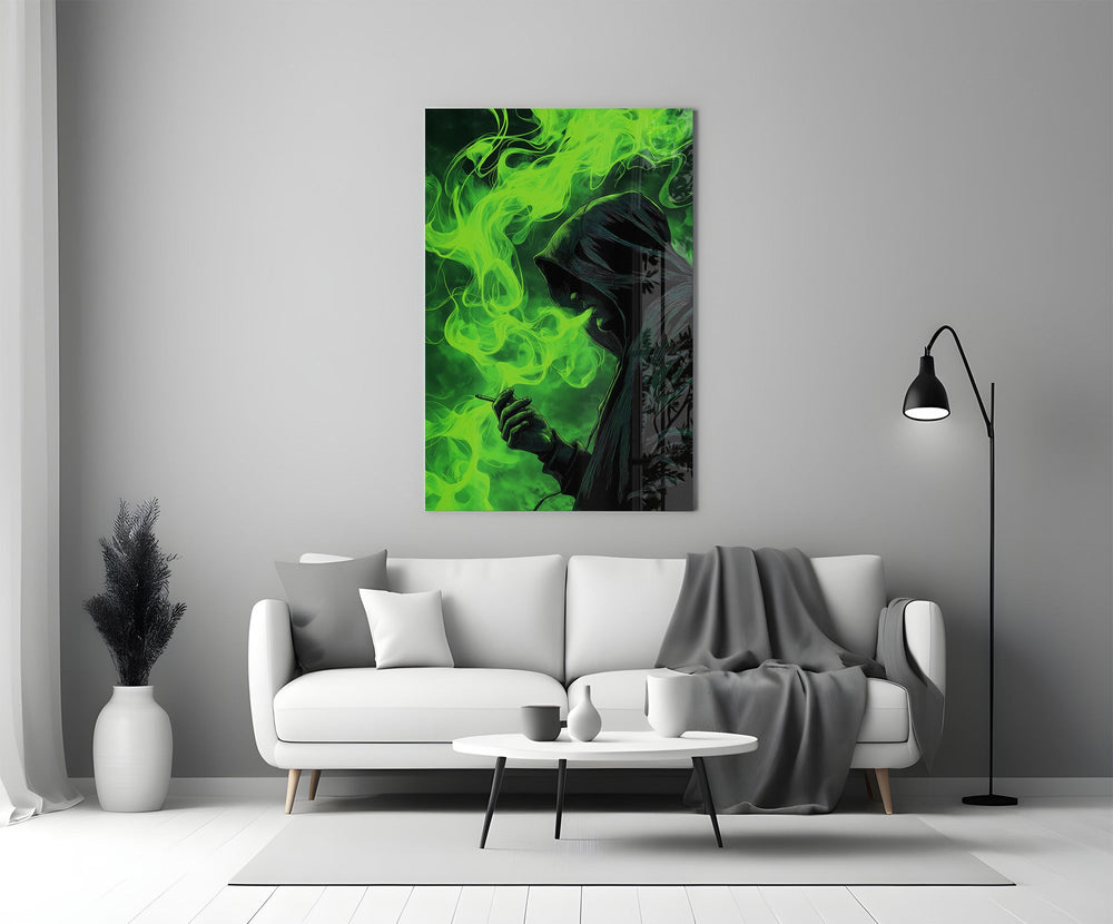 Hooded Figure Neon Green Smoke Glass Wall Art