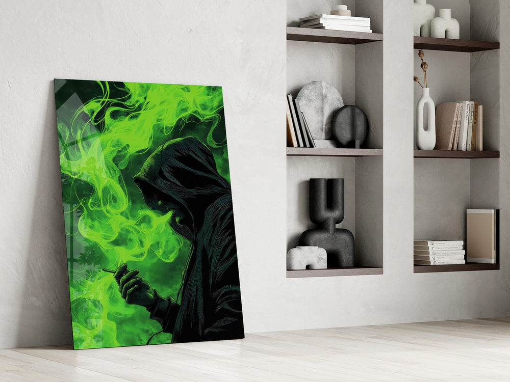Hooded Figure Neon Green Smoke Glass Wall Art