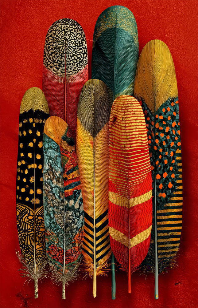 Patterned Feather Collection Red Ground Glass Wall Art