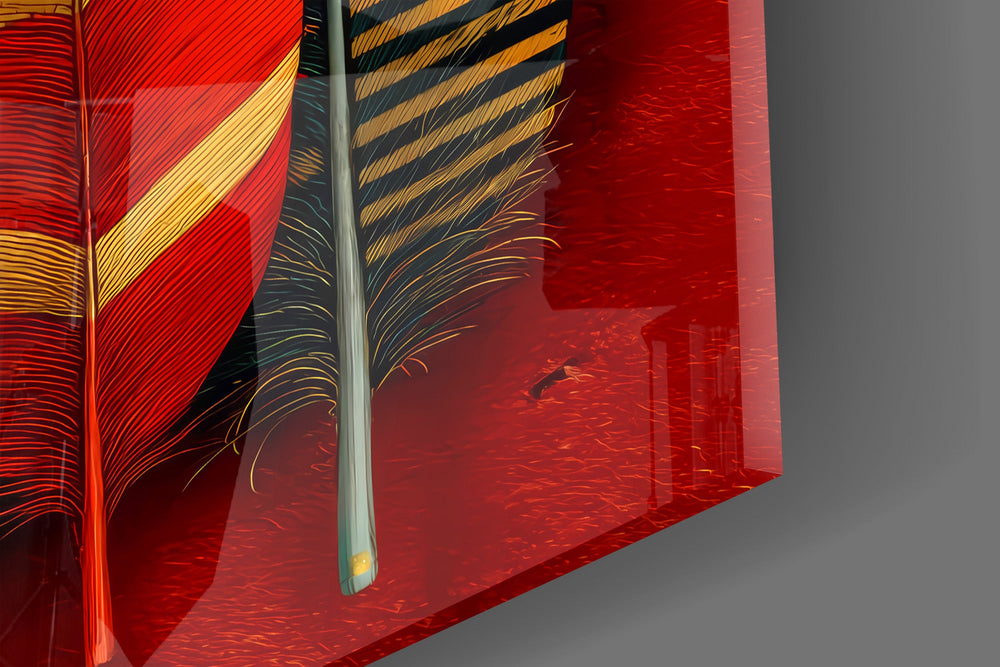 Patterned Feather Collection Red Ground Glass Wall Art