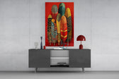 Patterned Feather Collection Red Ground Glass Wall Art