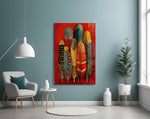 Patterned Feather Collection Red Ground Glass Wall Art