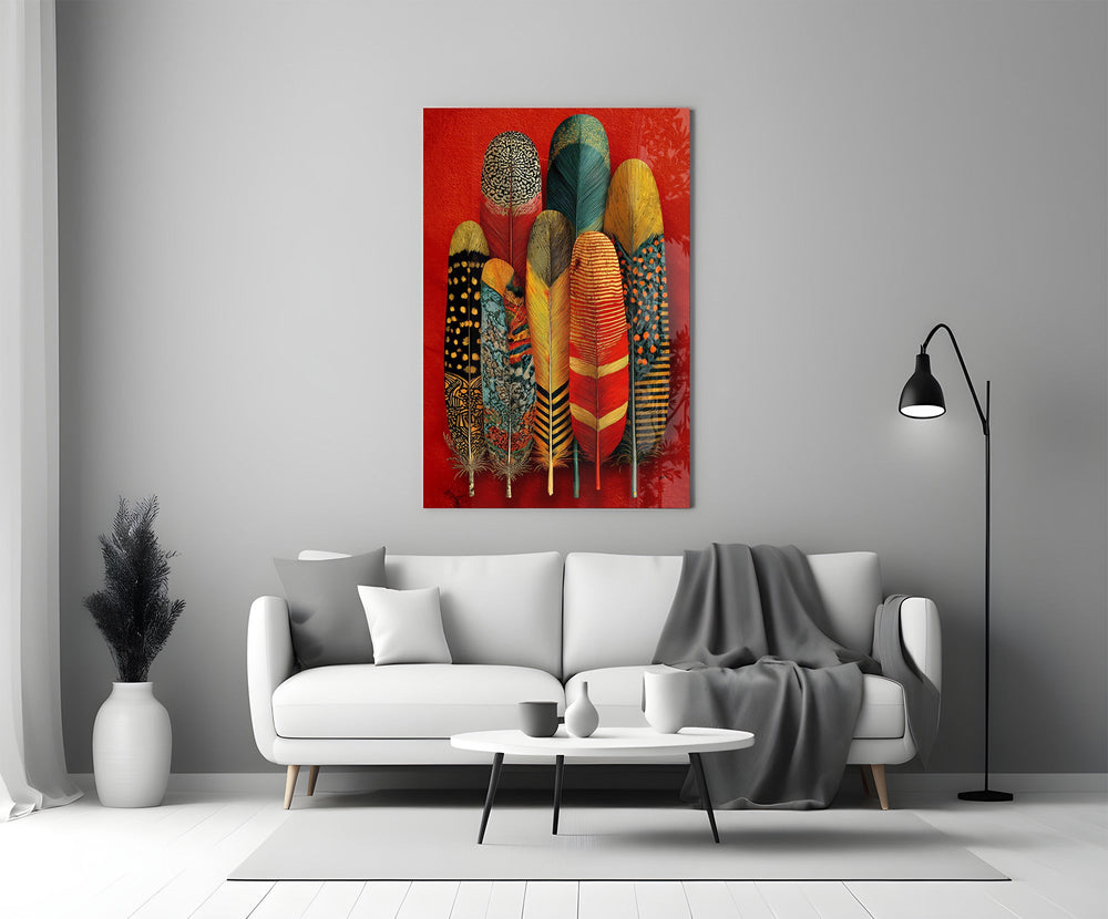 Patterned Feather Collection Red Ground Glass Wall Art