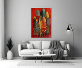 Patterned Feather Collection Red Ground Glass Wall Art
