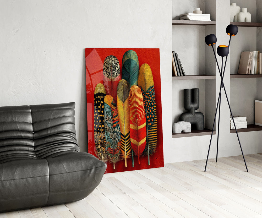 Patterned Feather Collection Red Ground Glass Wall Art