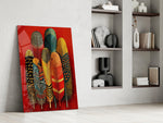 Patterned Feather Collection Red Ground Glass Wall Art