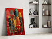 Patterned Feather Collection Red Ground Glass Wall Art