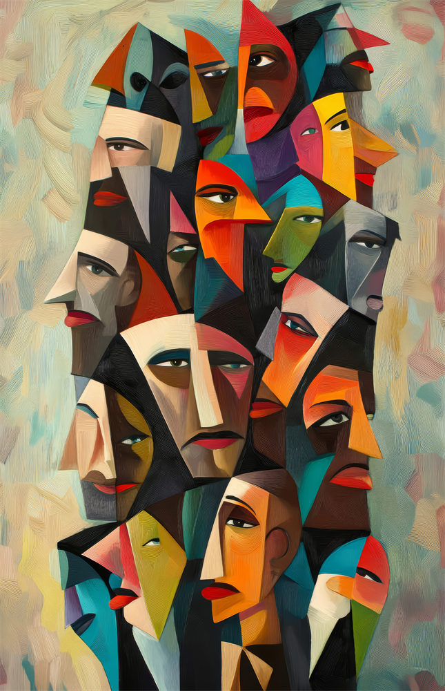 Cubist Faces Bright Colour Crowd Glass Wall Art