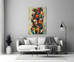 Cubist Faces Bright Colour Crowd Glass Wall Art