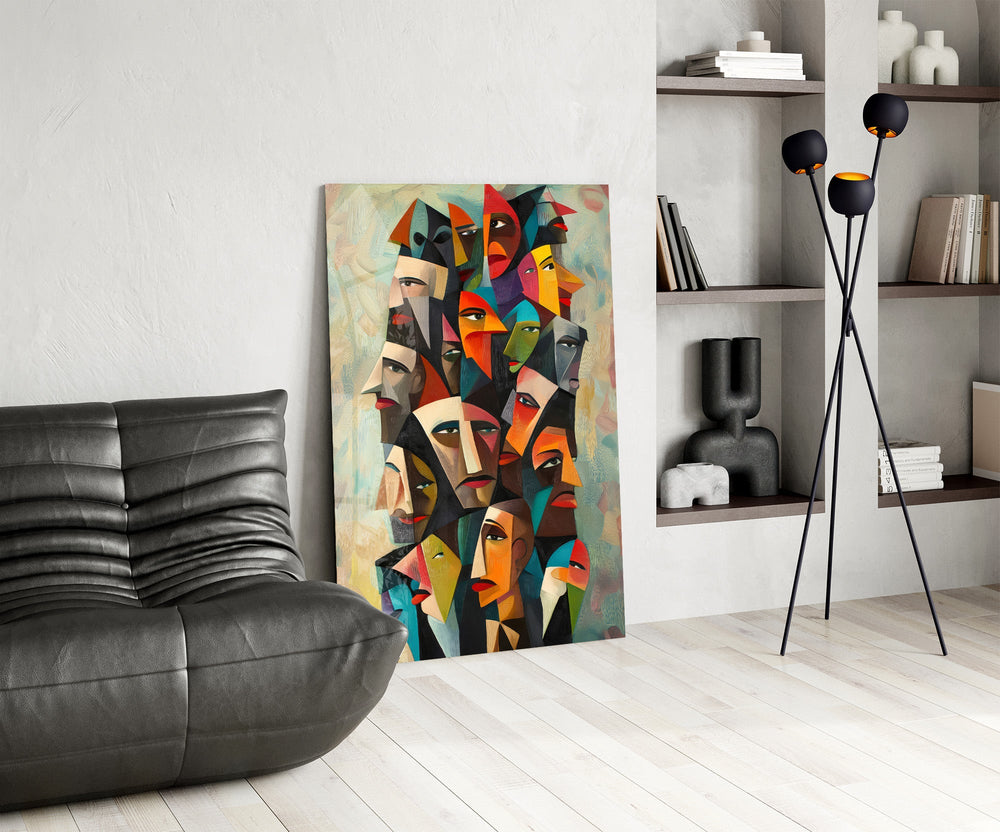 Cubist Faces Bright Colour Crowd Glass Wall Art