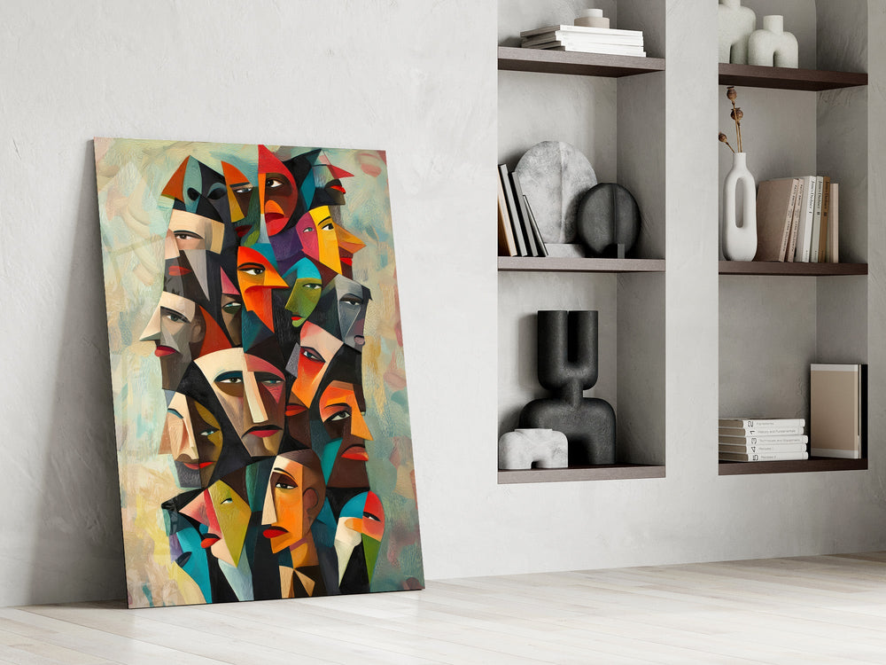 Cubist Faces Bright Colour Crowd Glass Wall Art