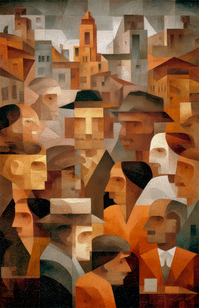 Cubist Town Crowd Terracotta Glass Wall Art