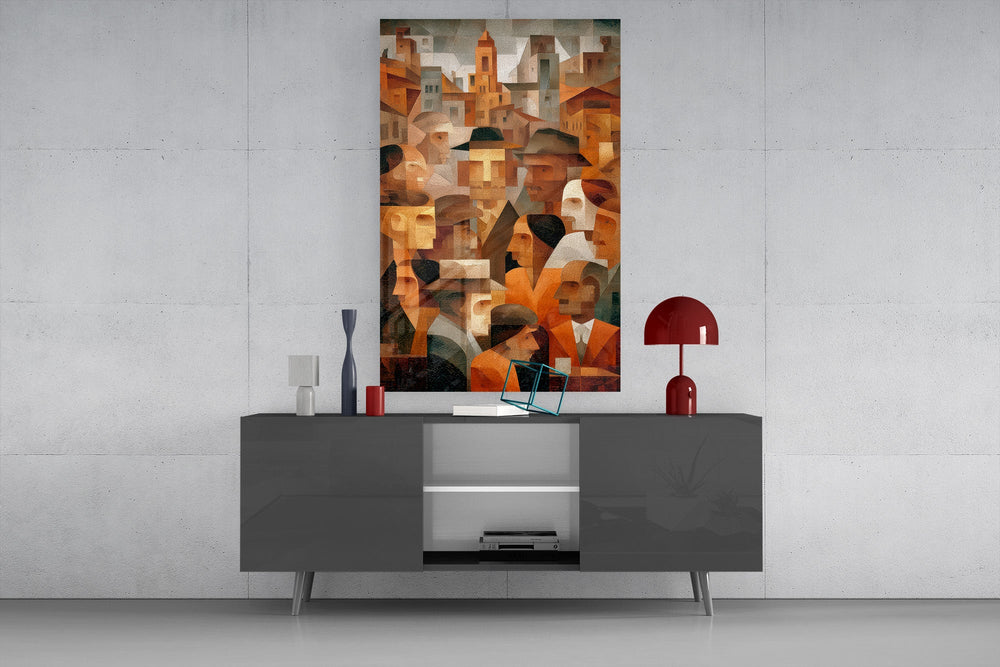Cubist Town Crowd Terracotta Glass Wall Art