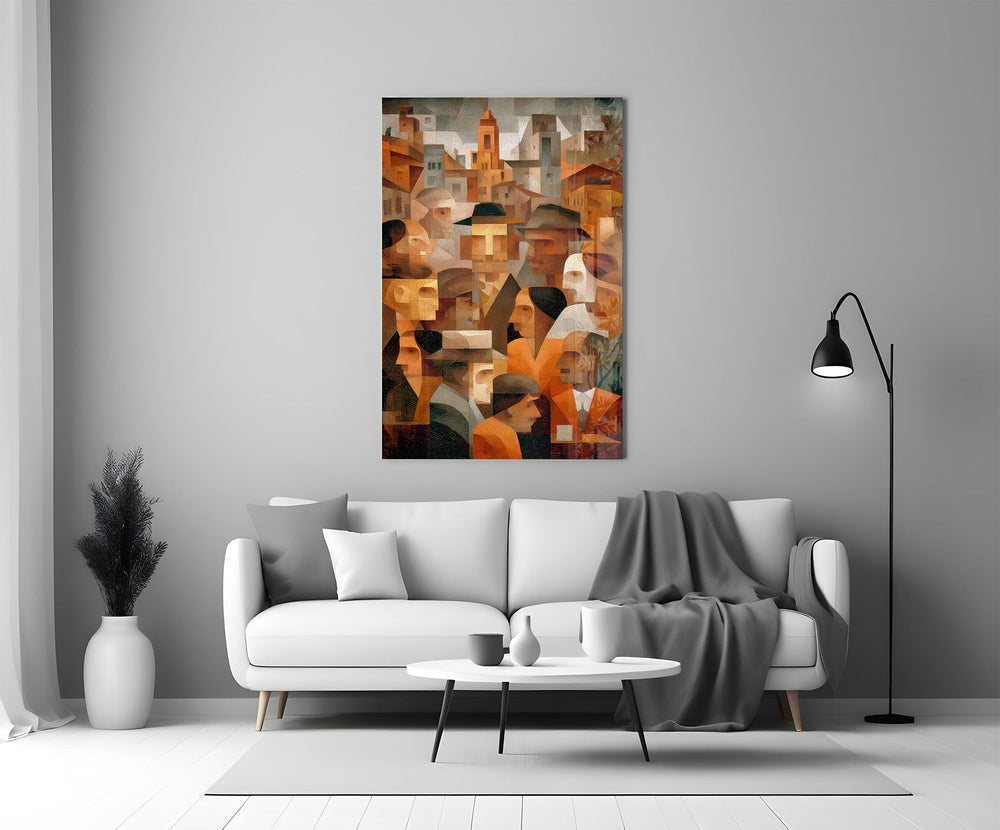 Cubist Town Crowd Terracotta Glass Wall Art
