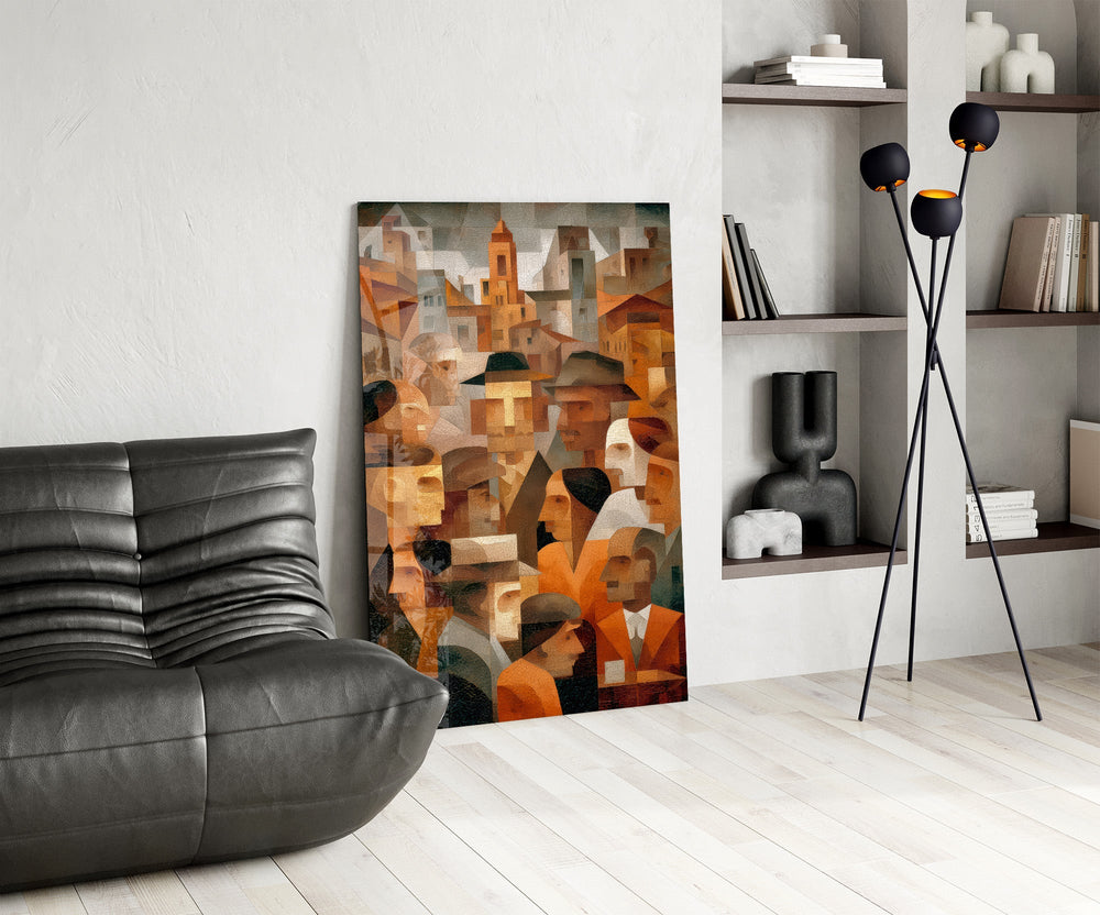 Cubist Town Crowd Terracotta Glass Wall Art
