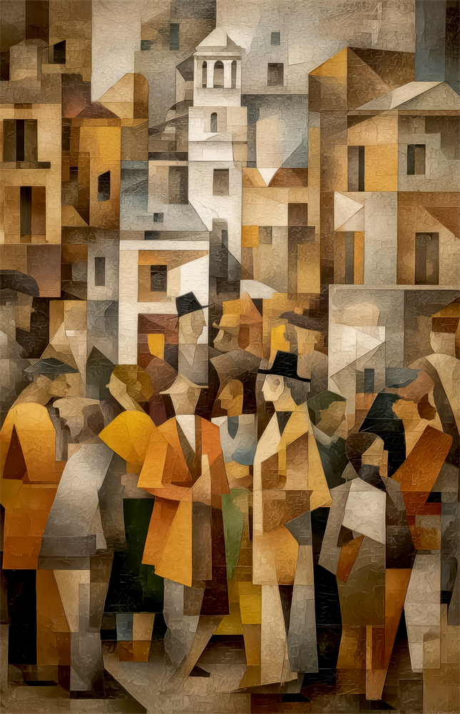 Cubist Old Town Street Ochre Glass Wall Art