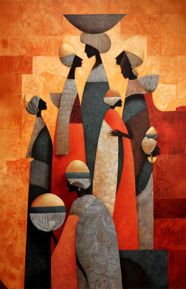 Women Carrying Vessels Terracotta Figures Glass Wall Art