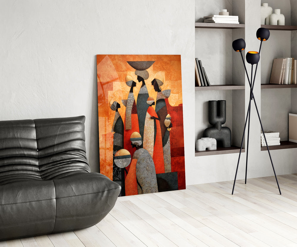 Women Carrying Vessels Terracotta Figures Glass Wall Art