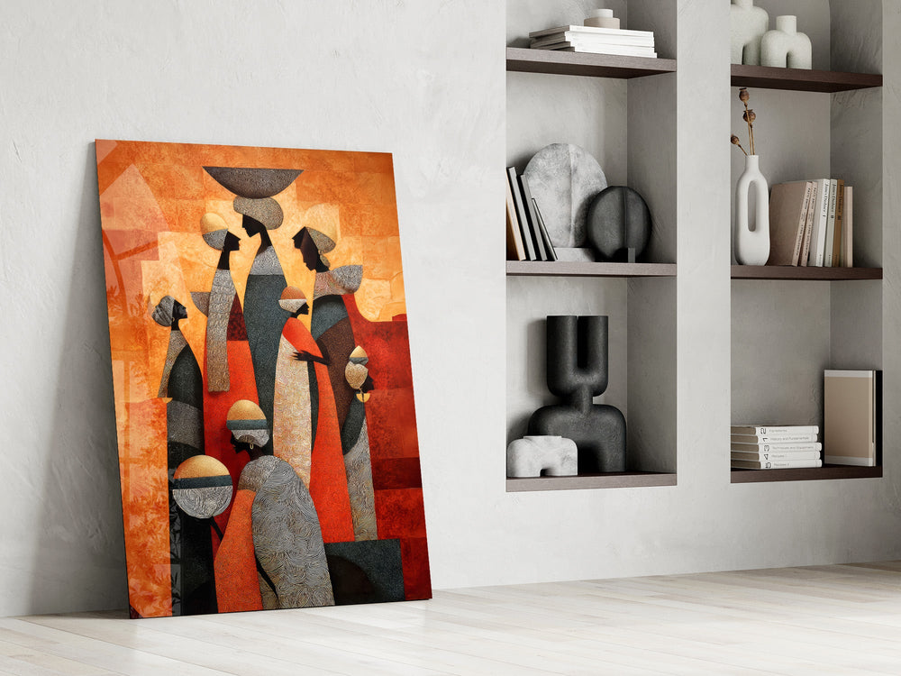 Women Carrying Vessels Terracotta Figures Glass Wall Art