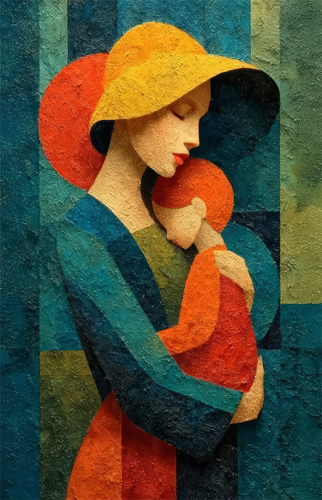 Mother and Child Yellow Hat Textured Glass Wall Art