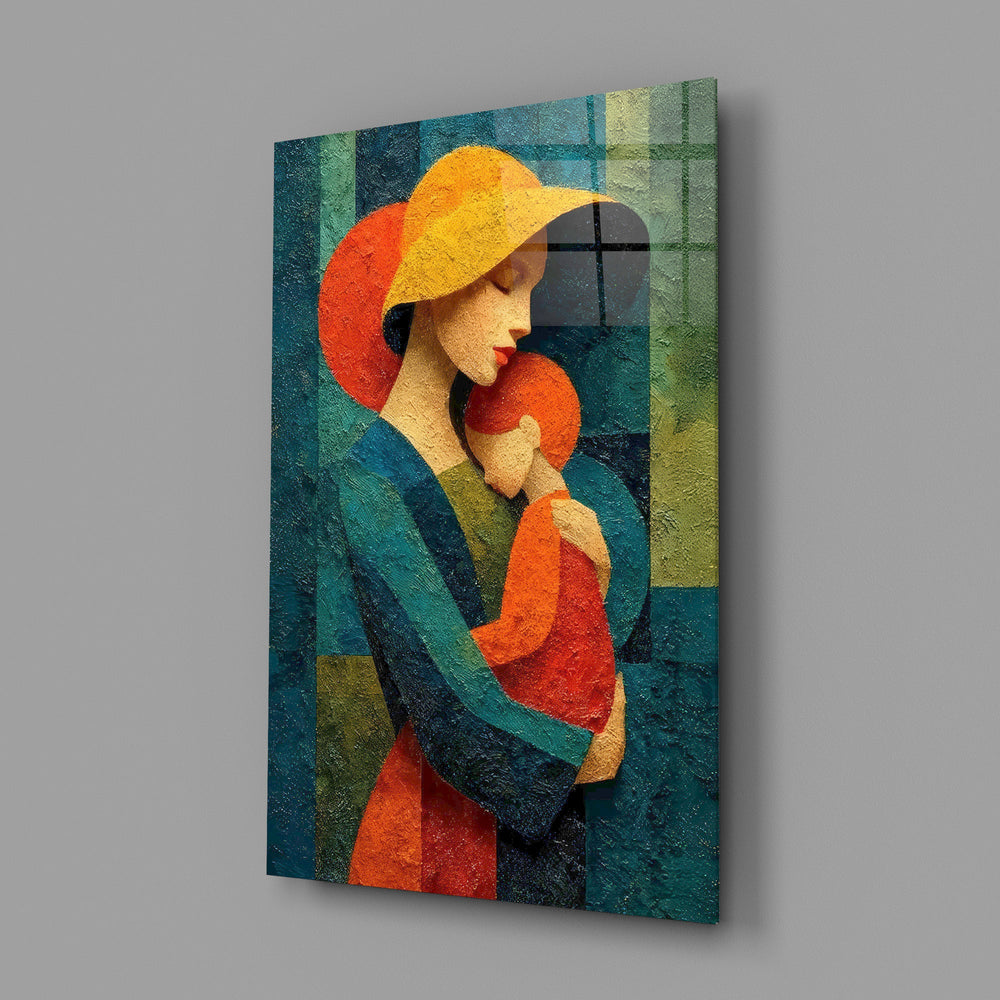 Mother and Child Yellow Hat Textured Glass Wall Art