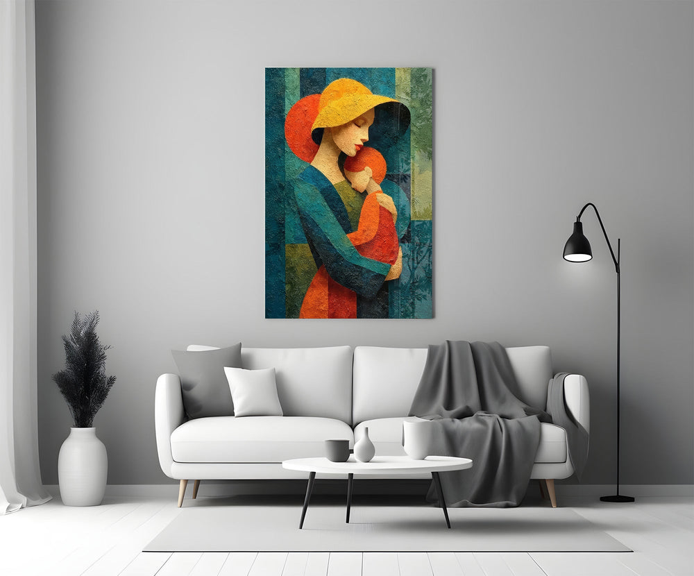 Mother and Child Yellow Hat Textured Glass Wall Art