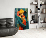 Mother and Child Yellow Hat Textured Glass Wall Art