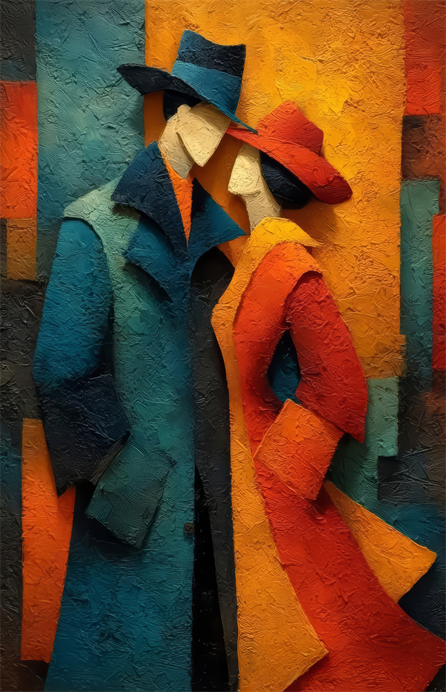 Two Figures in Hats Textured Cubist Glass Wall Art