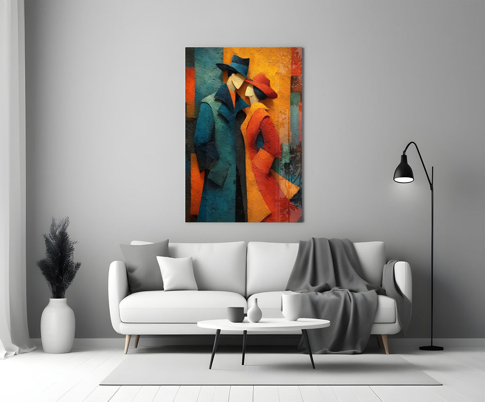 Two Figures in Hats Textured Cubist Glass Wall Art