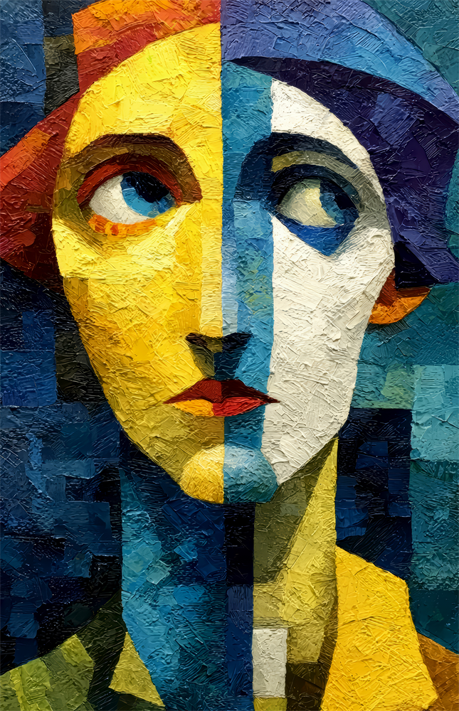 Two Halves Woman Portrait Cubist Glass Wall Art