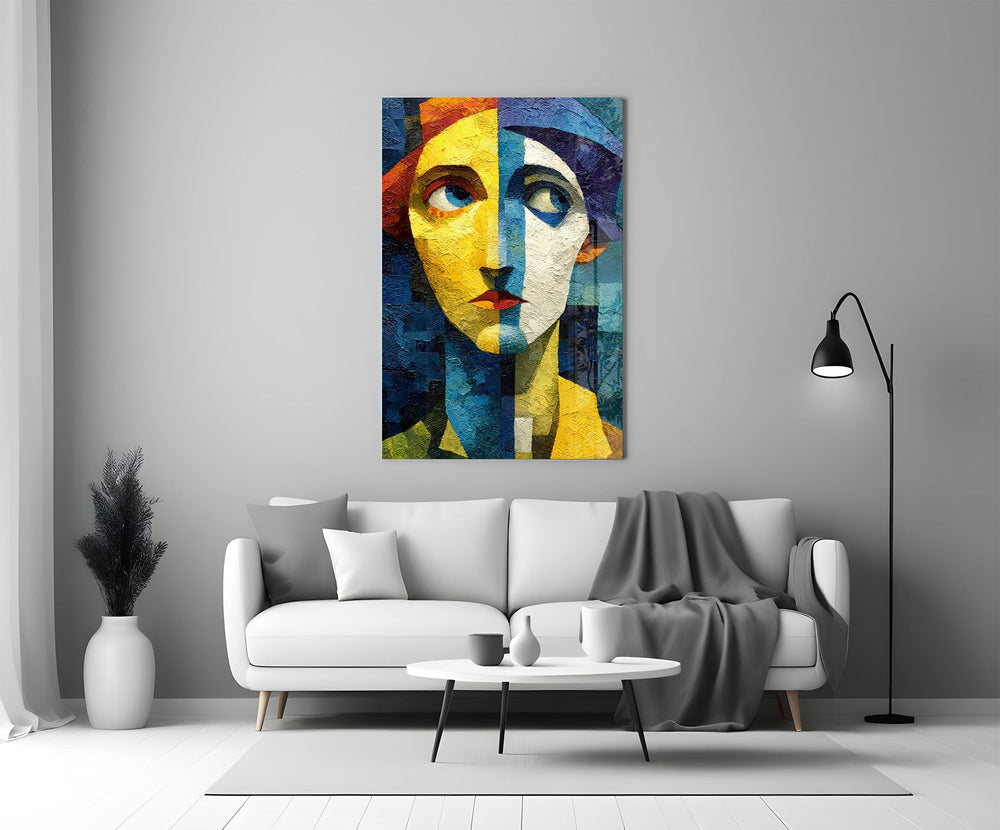 Two Halves Woman Portrait Cubist Glass Wall Art