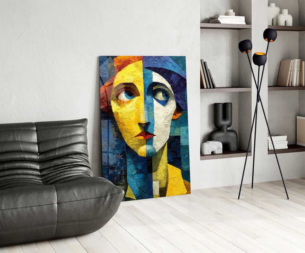 Two Halves Woman Portrait Cubist Glass Wall Art