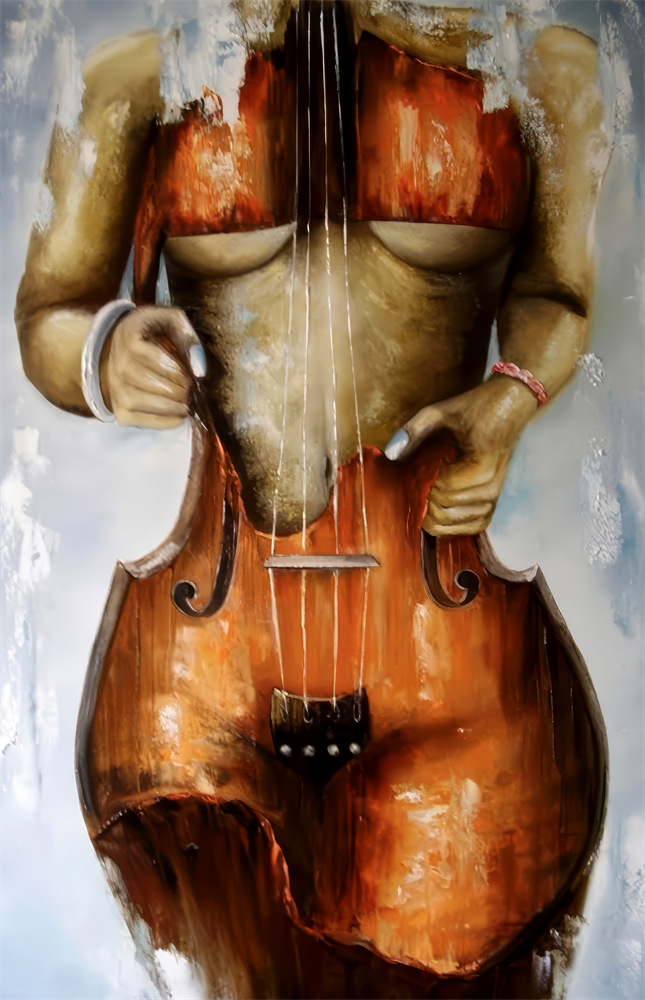 Cello Body Woman Surreal Glass Wall Art