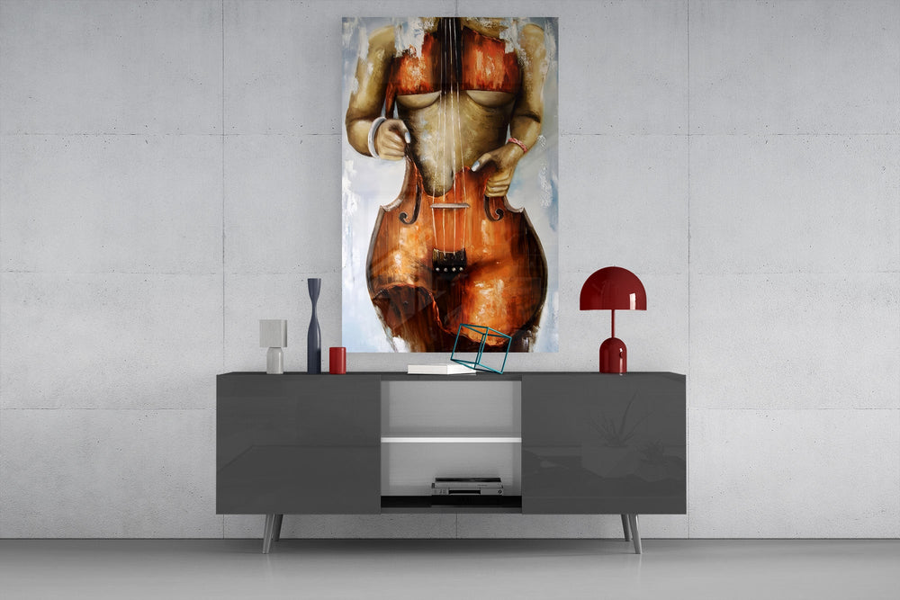 Cello Body Woman Surreal Glass Wall Art