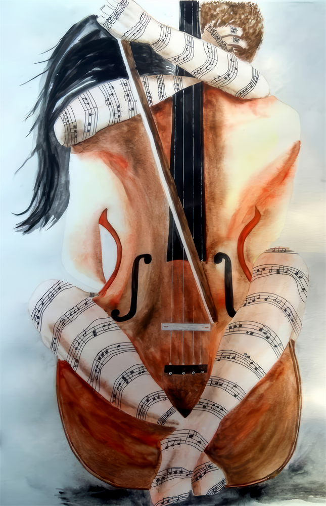 Sheet Music Cello Woman Watercolour Glass Wall Art