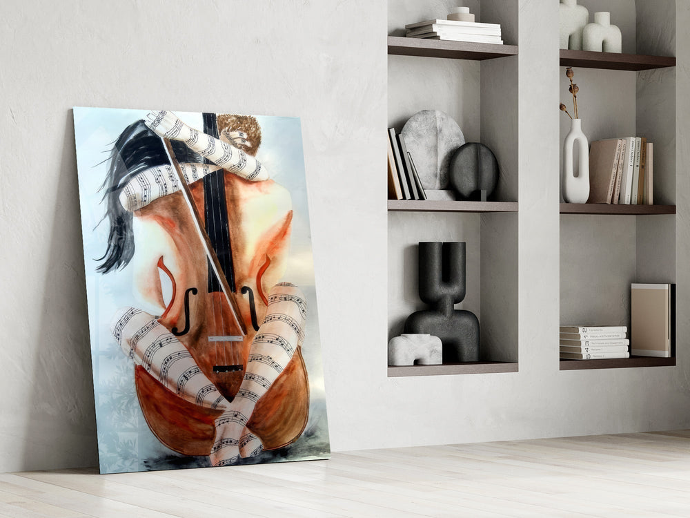 Sheet Music Cello Woman Watercolour Glass Wall Art