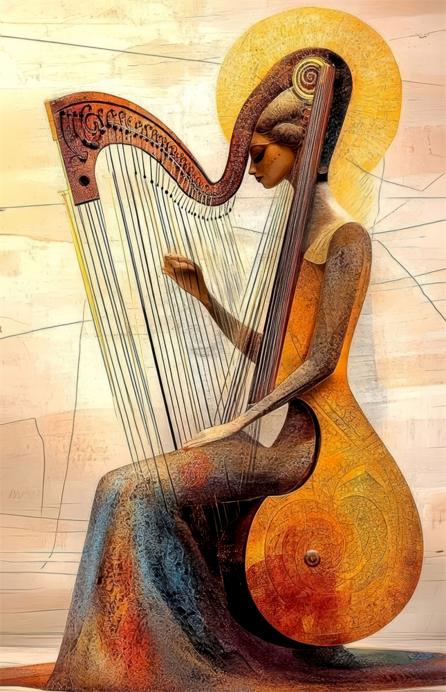 Golden Harpist Woman Art Deco Glass Wall Art
