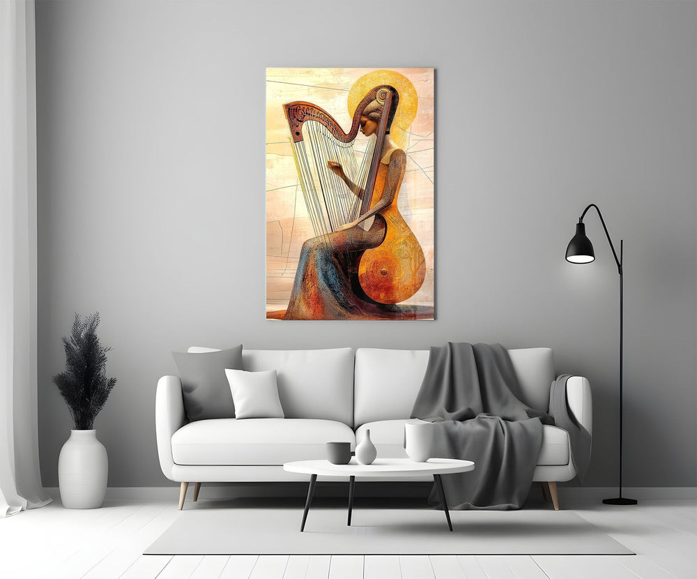 Golden Harpist Woman Art Deco Glass Wall Art