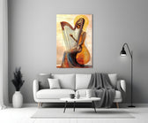 Golden Harpist Woman Art Deco Glass Wall Art