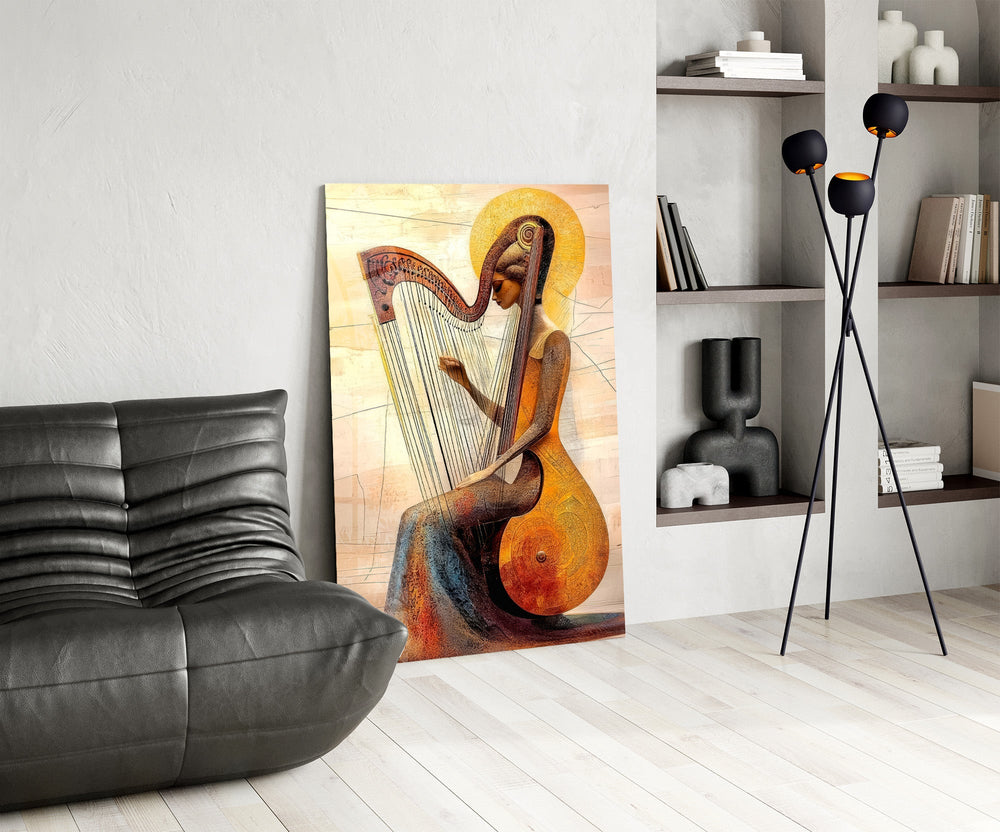 Golden Harpist Woman Art Deco Glass Wall Art