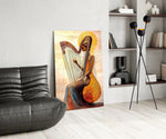 Golden Harpist Woman Art Deco Glass Wall Art