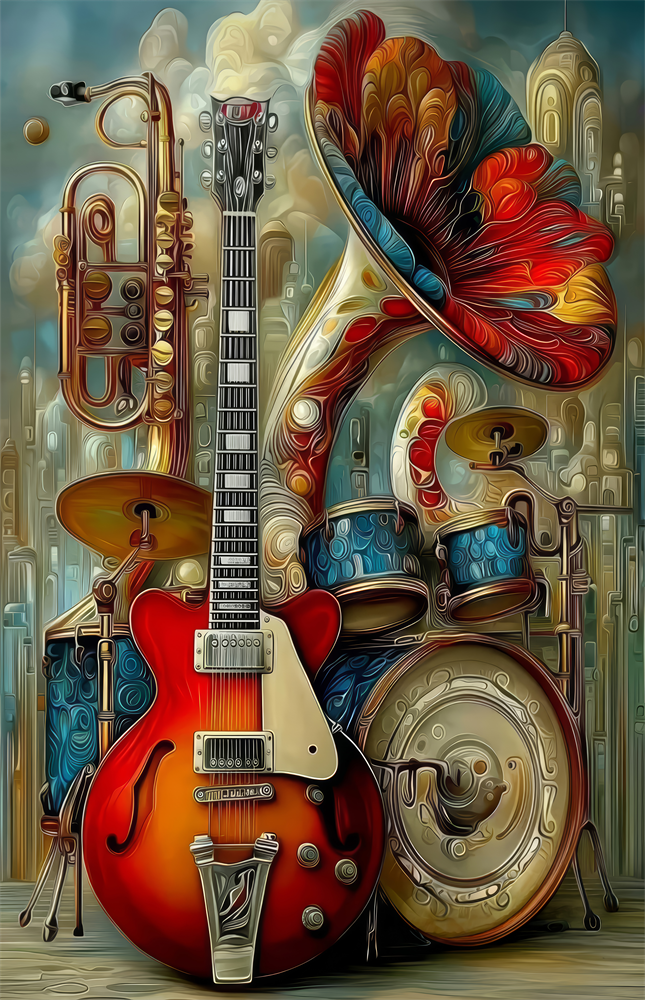 Vintage Band Instruments Still Life Glass Wall Art