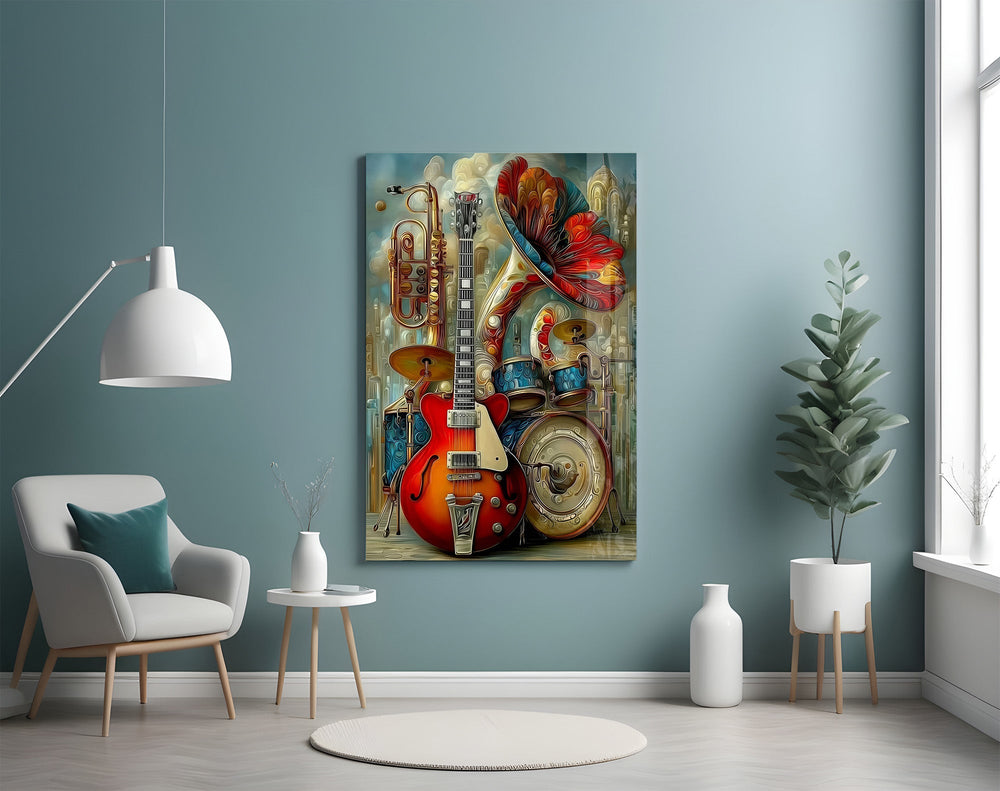 Vintage Band Instruments Still Life Glass Wall Art