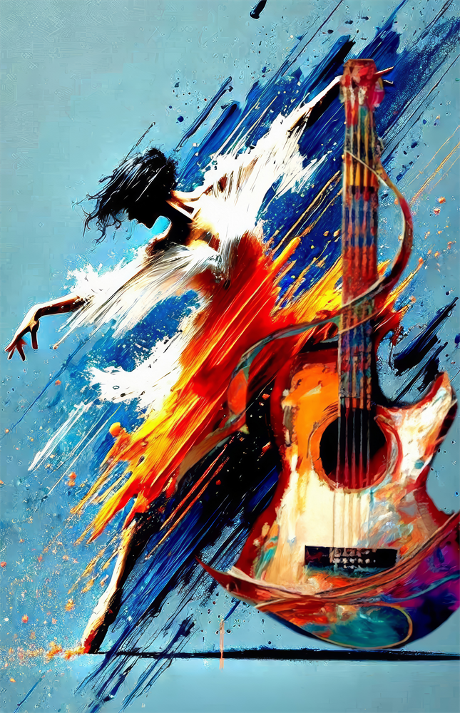Dancer and Guitar Splash Painting Glass Wall Art