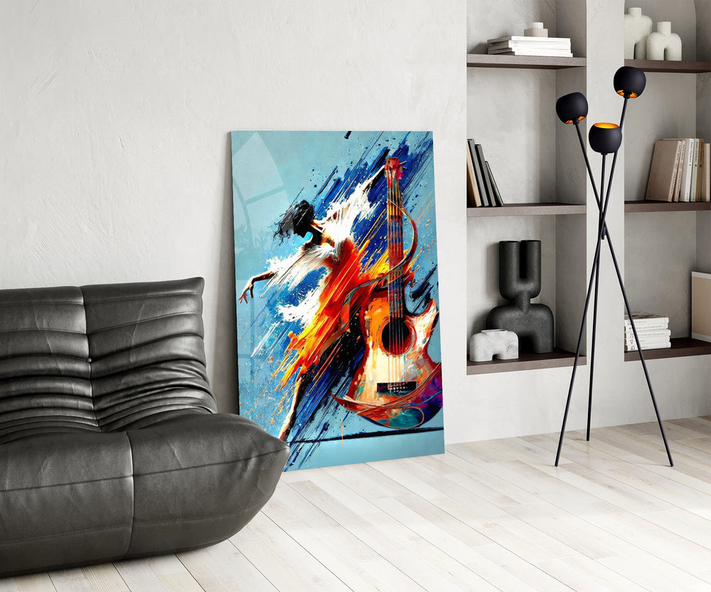 Dancer and Guitar Splash Painting Glass Wall Art