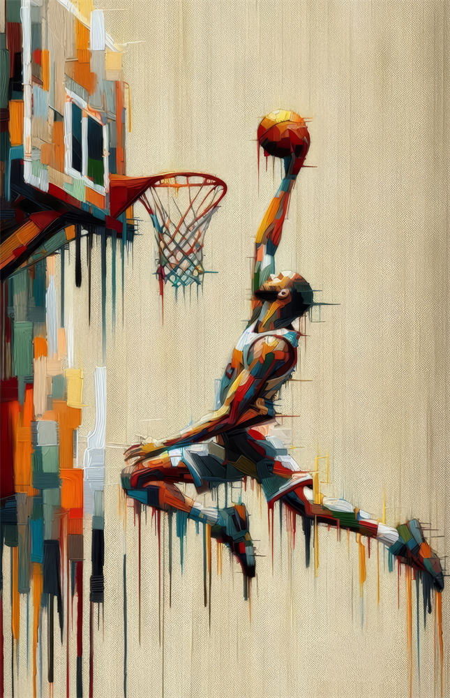 Basketball Dunk Dripping Palette Glass Wall Art