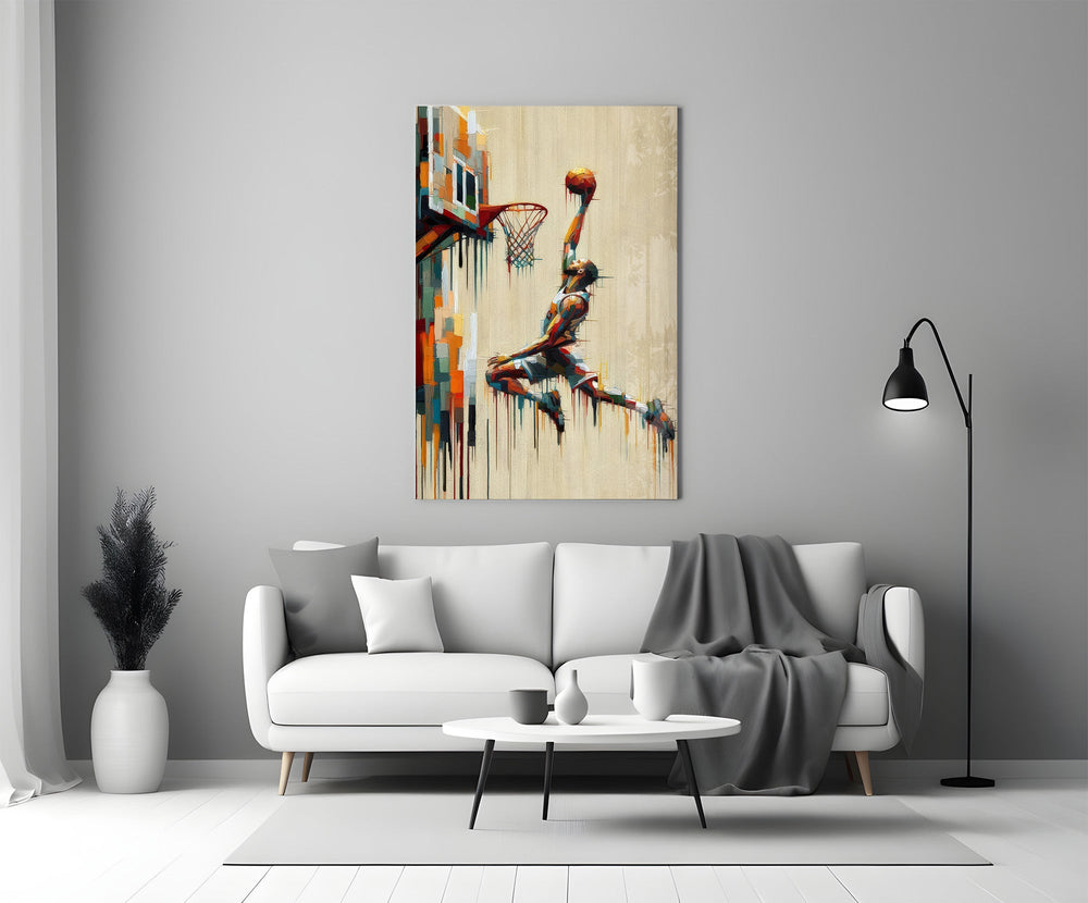 Basketball Dunk Dripping Palette Glass Wall Art